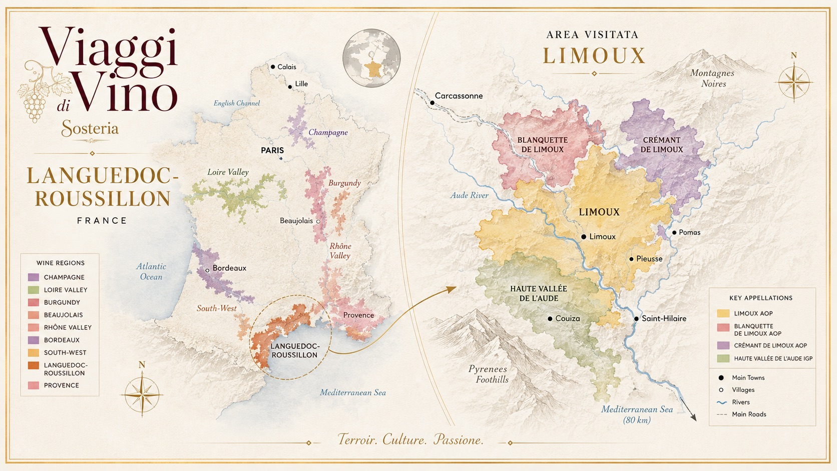 Mappa del viaggio nel Languedoc dalla costa francese a Carcassonne, Malepère e Domaine Girard
