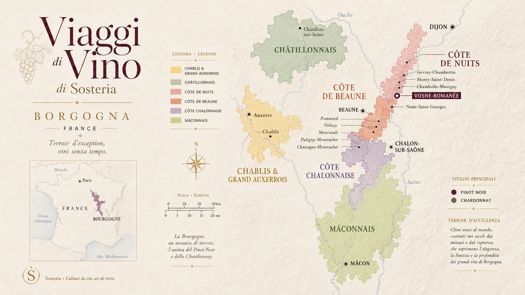 Mappa della Borgogna con Vosne-Romanée e il vigneto Romanée-Conti